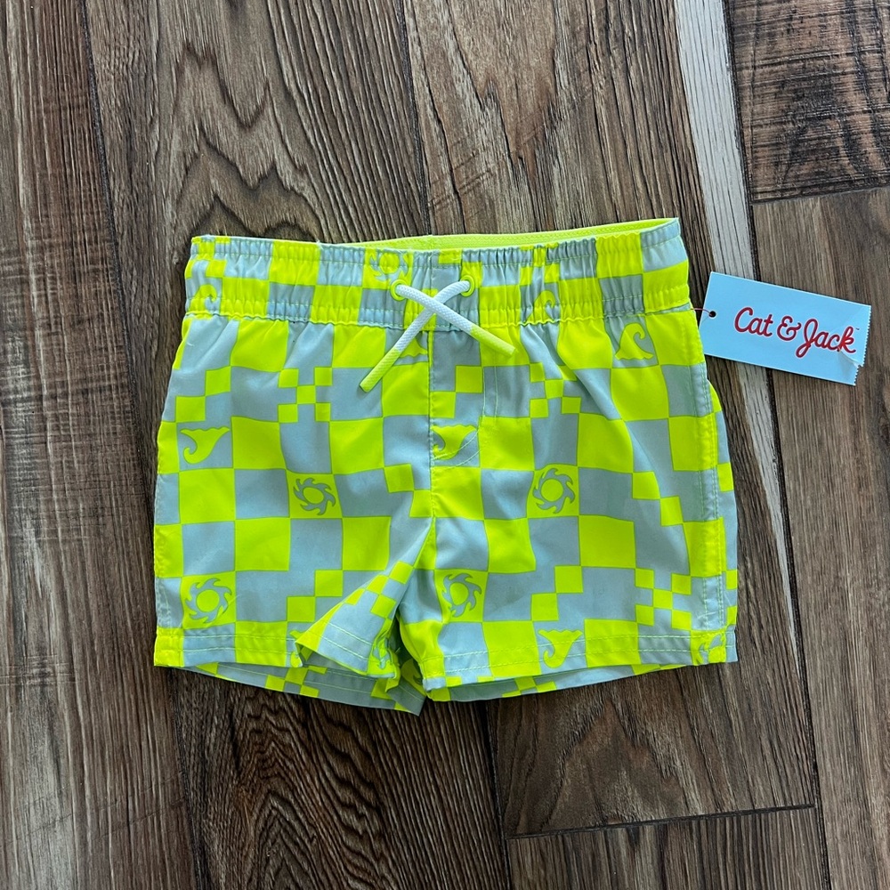 NEW Cat & Jack Neon Yellow and Gray Checker Swim Trunks - 18m